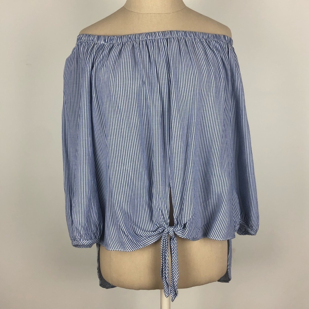 Aqua by Bloomingdales Blue and White Striped Off the Shoulder Shirt